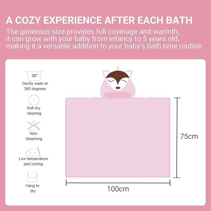 MICHLEY Bamboo Viscose Baby Hooded Bath Towel for 0-5 Years Boys and Girls, 29.5 x 39.5 Inch Ultra-Soft and Quick-drying Infant Bath (Pink Fox)