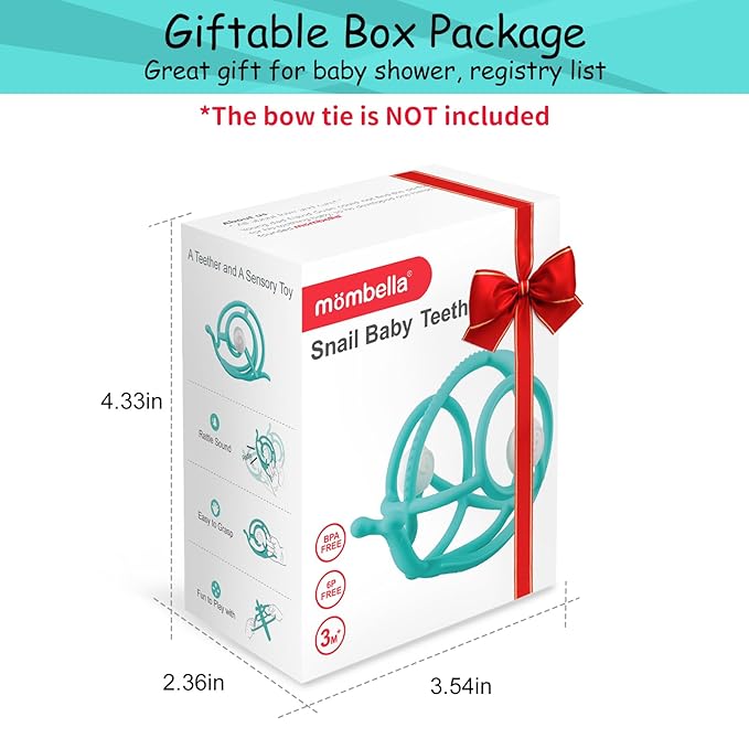 Mombella Teething Toys 6-12 Months, 2 in 1 Snail Baby Teether & Rattle Toys 3-6 Months, Silicone Infant Teethers for Babies 12-18 Months, Newborn Sensory Teething Toys, BPA Free Baby Chew Toy, Teal