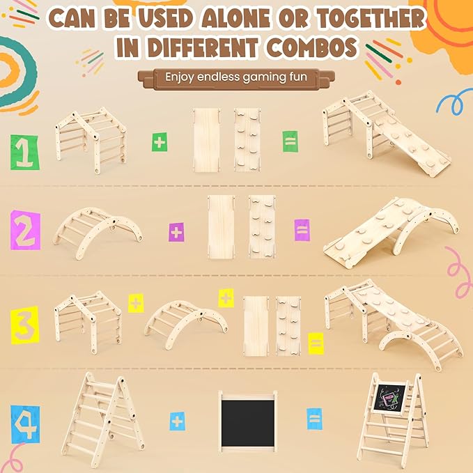 Deformable Pikler Triangle Set with Sliding Ramp & Climbing Arch Ramp, Wooden Toddler Climbing Toys Indoor, Playground Jungle Gym for Kids, Montessori Climbing Set for Toddlers