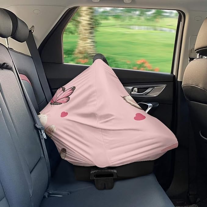AFPANQZ Cute Cat Baby Car Seat Covers for Girls Boys All Weather Multifunctional Infant Car Seat Canopy Nursing Breastfeeding Scarf Shield Breathable Stretchy 360 Coverage for Babies