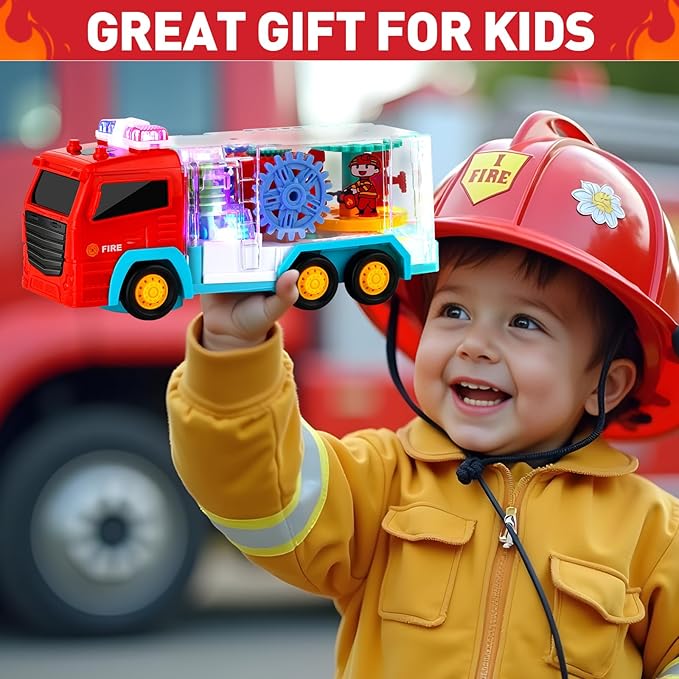 Fire Trucks for Toddlers 3-5, Light Up Sensory Car Toy for Kids, LED Transparent Bump Car with Rotating Gear, Cool Lights and Musical, Educational Crawling Toy for Baby, Birthday Gift for Boys Girls