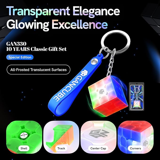 CuberShop GAN 330 Mini Keychain Speed Cube (10th Anniversary Special Version), GAN Cube 3X3 Tiny Collectibles Key Rings Cute Cube Pocket Size GAN330 Keychaincube 10 Anniv