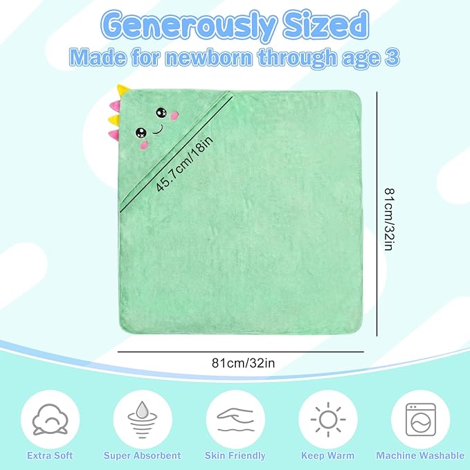 2 Pack Hooded Baby Towels Soft Absorbent Coral Fleece Baby Bath Towels with Animal Hood 32x32 Inch Toddler Bath Towel for 0-3 Years Newborn Baby Shower (Blue Elephant & Green Dinosaur)
