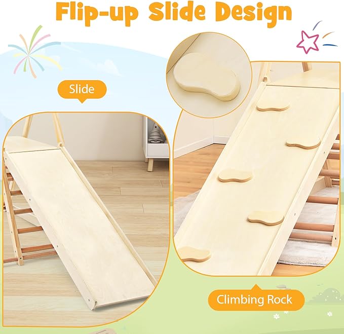 HONEY JOY Kids Indoor Jungle Gym, Large 5-in-1 Playground Climber Playset with Baby Swing, Slide Ramp, Ladder & Climbing Wall, Foldable Wooden Montessori Waldorf Play Gym, Climbing Toys for Toddlers