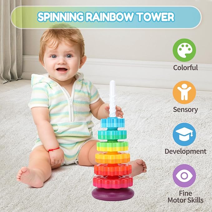 Riuja Baby Spinning Stacking Toys, 1-3 Rainbow Ring Stacker Montessori Toys for Babies, Sensory Toys for Toddlers, Christmas and Birthday Gifts Suitable for Boys and Girls (16 inches)