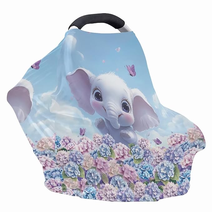 GIFTPUZZ Catoon Elephant Car Seat Cover for Babies, Nursing Cover, Soft Breathable Infant Carseat Canopy, Universal Nursing Cover Grocery Cart Cover, Stroller Cover for Infant Babies