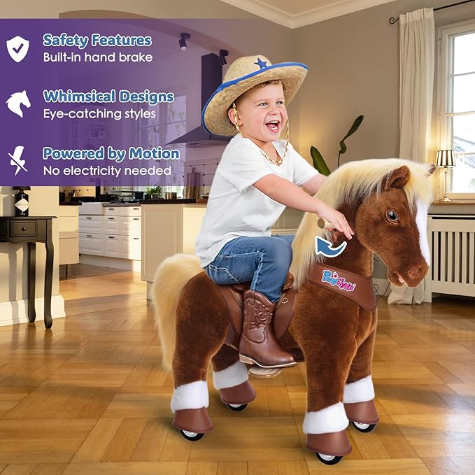 PonyCycle Big Horse Ride on Pony Advanced Model Y Plush Brown Riding Horse Toy for Children Size 5 for Ages 7+, Rocking Horse, Waliking Animal Pony Ride Y574