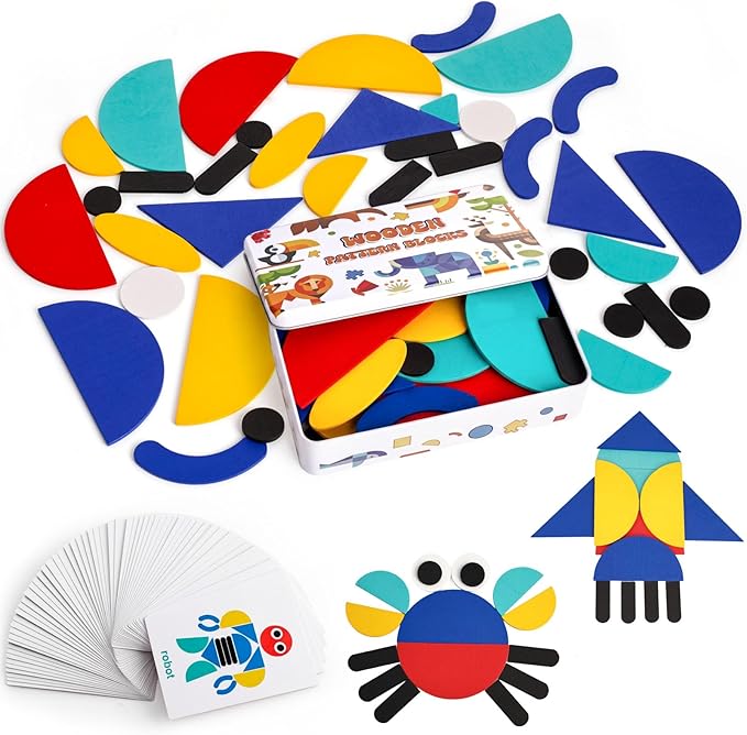 LovesTown Wooden Pattern Blocks Montessori Toys for Toddler Kids Open Ended Shape Puzzles Educational Tangram Preschool Learning Toy with 60 Cards 36 PCS