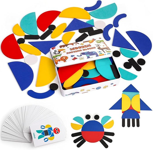 LovesTown Wooden Pattern Blocks Montessori Toys for Toddler Kids Open Ended Shape Puzzles Educational Tangram Preschool Learning Toy with 60 Cards 36 PCS