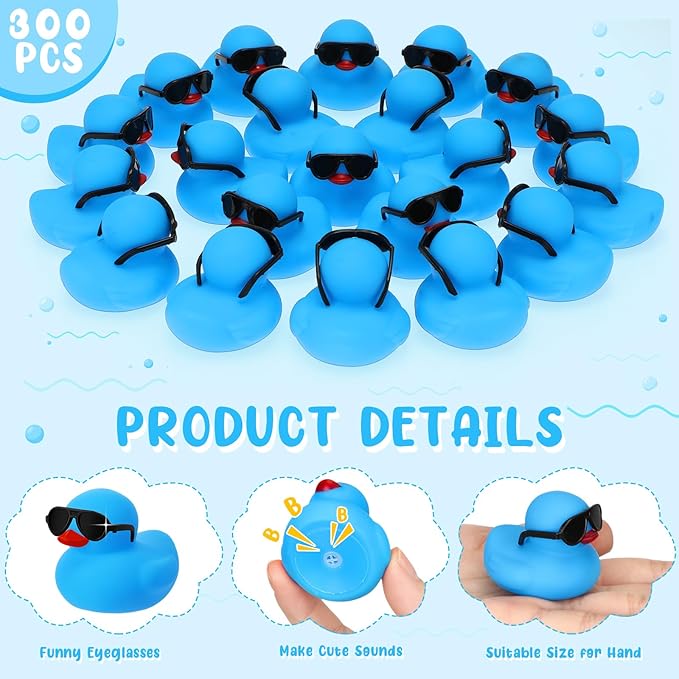 Hiboom 300 Pack Mini Rubber Ducks Set Bath Toys in Bulk with Sunglasses Float Squeak Tiny Baby Shower Rubber Duck Bathtub Pool Toy for Kids Party Birthday Supplies Prize Rewards(Blue)