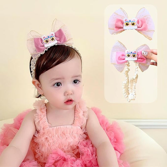 Cute Lace Bow Baby Girls Headbands Large Knot Hair Band Soft Chiffon Hairband Elastic Shower Hair Accessories for Newborn Infant Toddler Kids (Lion, Elastic)