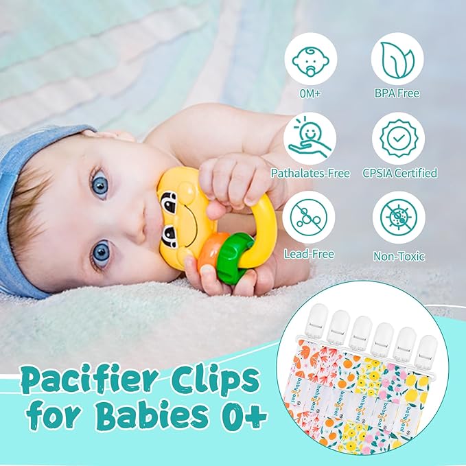 babygoal Floral Pacifier Clips, 6 Pack Binky Paci Holder Clips Leashes Fits for Most Baby Pacifiers and Binkies