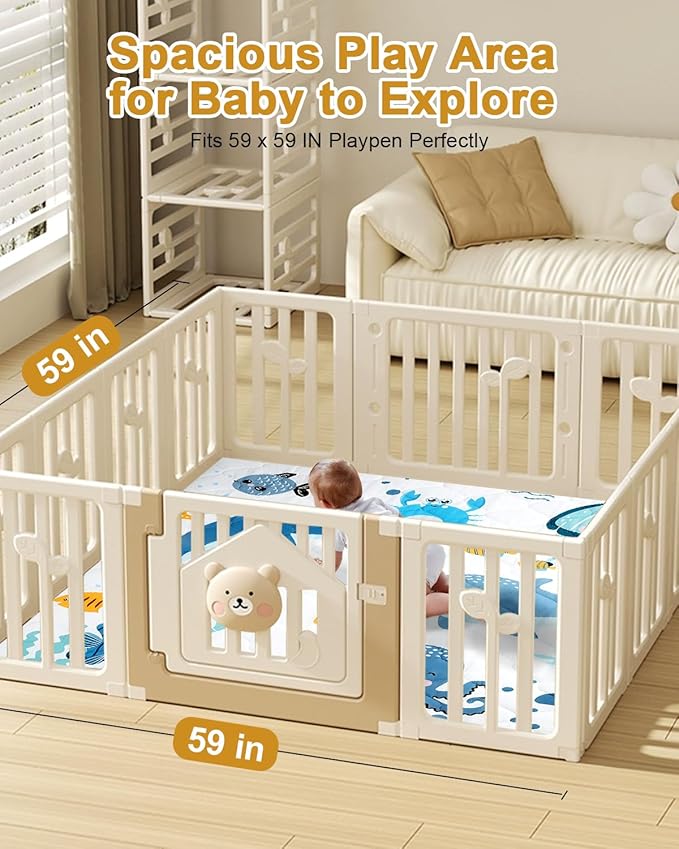 TINYHARBO Premium Foam Baby Play Mat 59x59 – Removable & Machine Washable Cover, Extra Thick Padding Playpen Mat, Non-Slip Crawling Mat, Easy to Clean for Infants, Toddlers & Babies