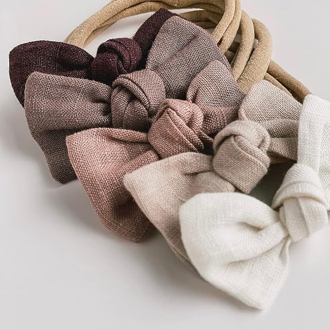 Sugarmelon Linen Bow Nylon Headband for Baby Toddler Newborn Infant Hair Bow Elastic Bands for Baby Girls Little Kids Headbands (Linen Mini bow 2.5'')