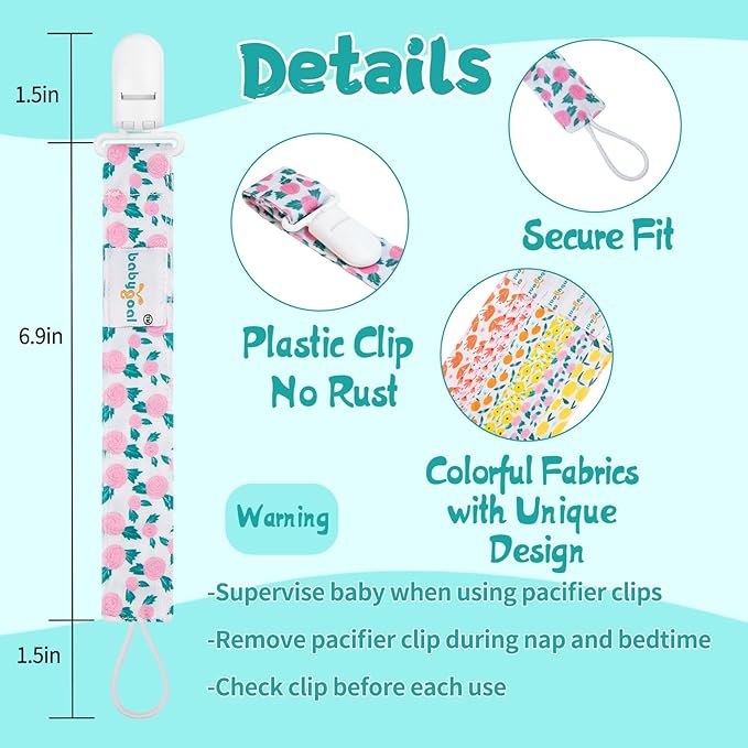 babygoal Floral Pacifier Clips, 6 Pack Binky Paci Holder Clips Leashes Fits for Most Baby Pacifiers and Binkies