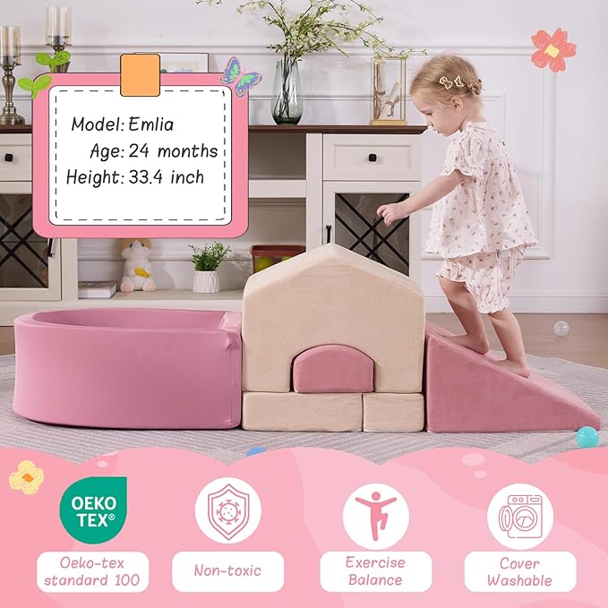 5-Piece Foam Climbing Blocks for Toddlers 1-3,Mini House-Shaped Soft Play Set with Ball Pit,Infant Crawling and Tumbling Play Gym with Ramp and Play Mat,Aesthetic Room Decor,Pink & Beige