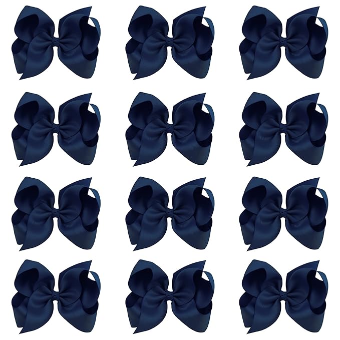 Oaoleer Big Hair Bows for Girls 12 PCS 6" Navy Grosgrain Ribbon Large Boutique Bow Alligator Clips Hair Accessories for Toddlers Little Girls Kids