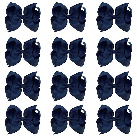 Oaoleer Big Hair Bows for Girls 12 PCS 6" Navy Grosgrain Ribbon Large Boutique Bow Alligator Clips Hair Accessories for Toddlers Little Girls Kids