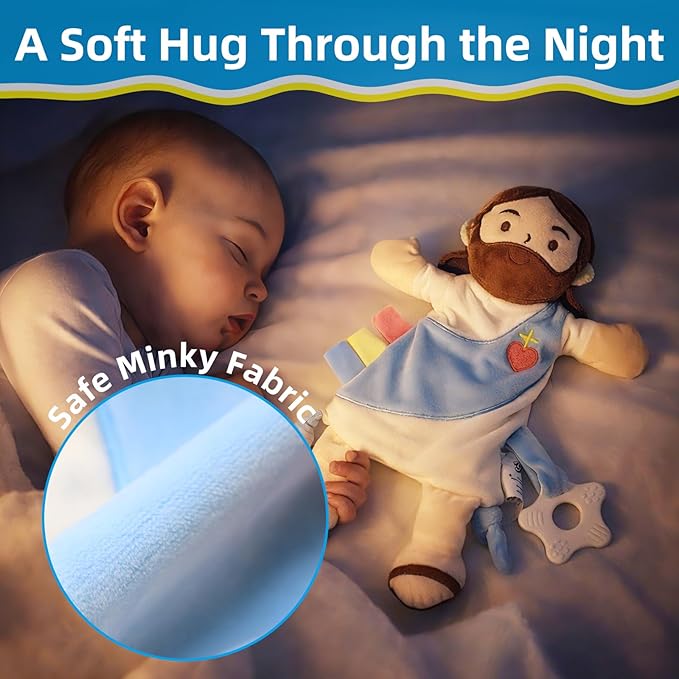 Yelakey Baby Lovey with Teether, Jesus Security Blanket with Crinkle Tags, Soft Minky Velour Newborn Girl Boy Gift with Bell for Baby Shower, Baptism or Birthday Essentials
