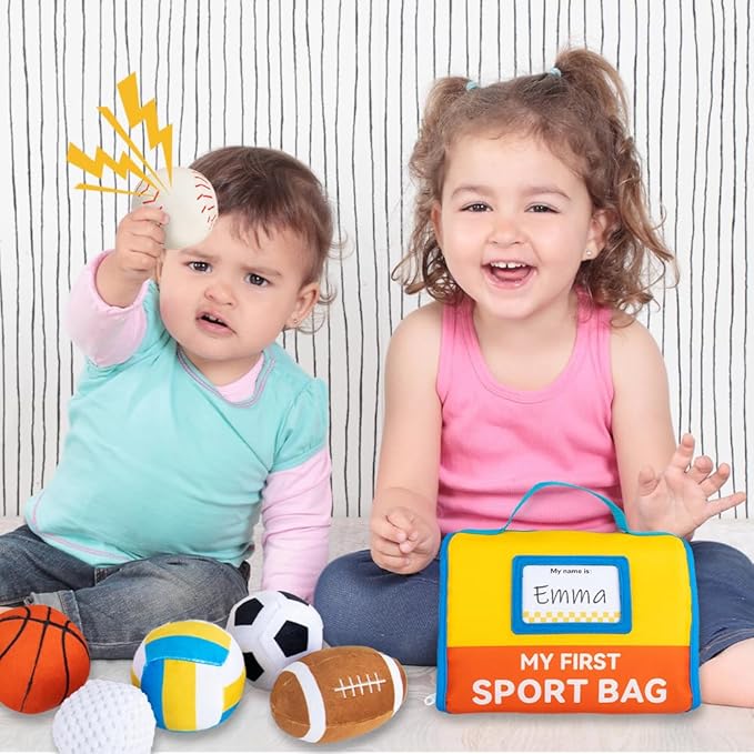 teytoy My First Sports Bag for Baby,Stuffed Plush Playset with Soft Basketball,Baseball,Football,Soccer,Golf Ball,Volleyball Baby Birthday Gift Toys for 1 Year Old Boys Girls