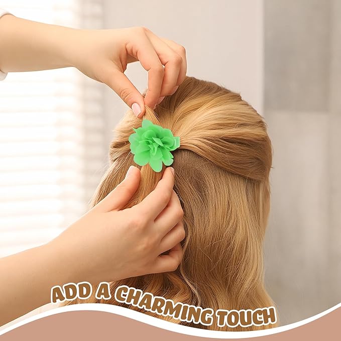 24 PCS 2" Chiffon Flower Hair Bows Clips Artificial Fabric Flower Tiny Baby Hair Clips Fine Accessories for Women Girls Kids (Green)