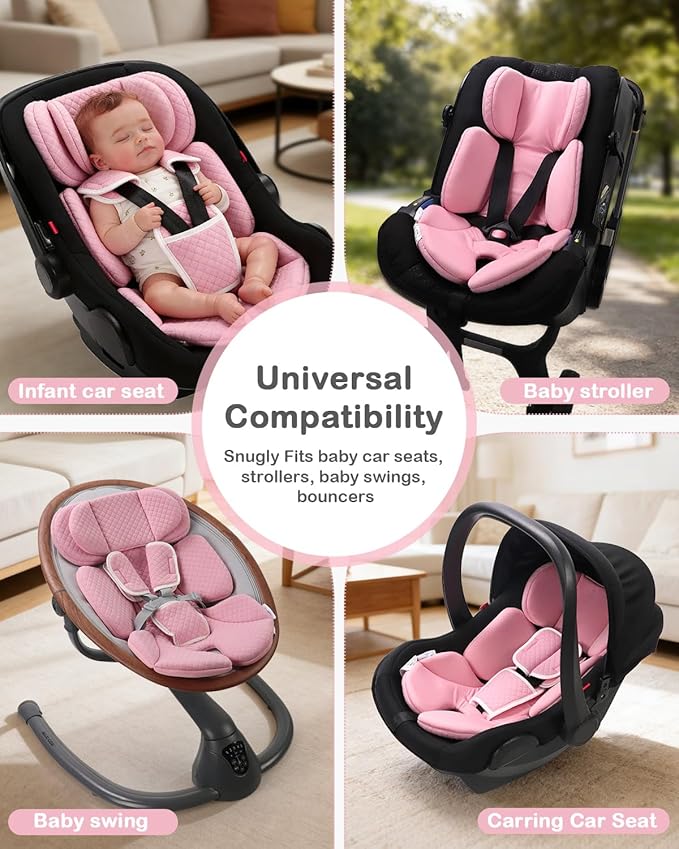Infant Car Seat Insert Adjustable Head Support for Preemie Newborn Toddler, Reversible Baby Head Body Support Cushion for Carseats and Strollers Side Impact Protection - Pink