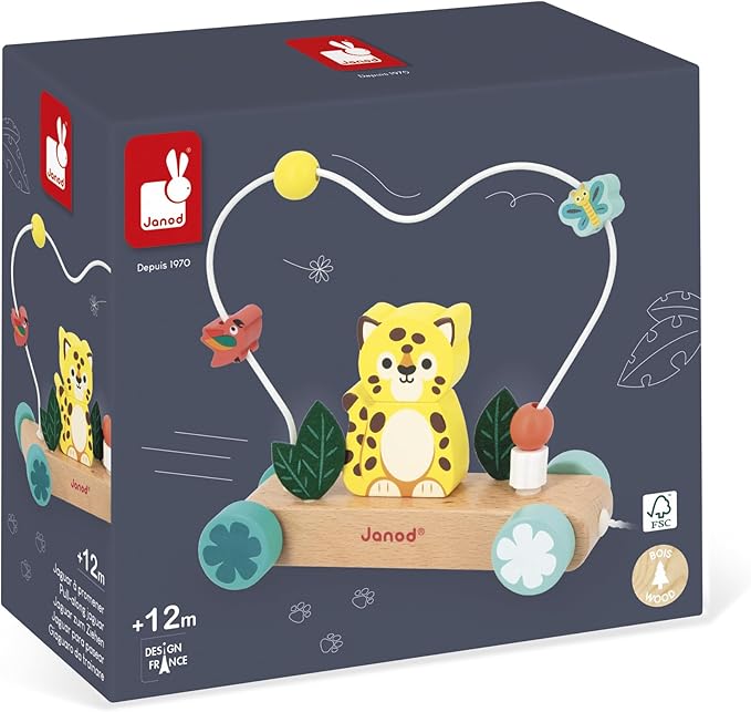 Janod - Pull-Along Tiger with Abacus Motor Skills Circuit - Wooden Pull-Along Toy - Develops Awareness, Motor Skills and Imagination - from 12 Months - J08281