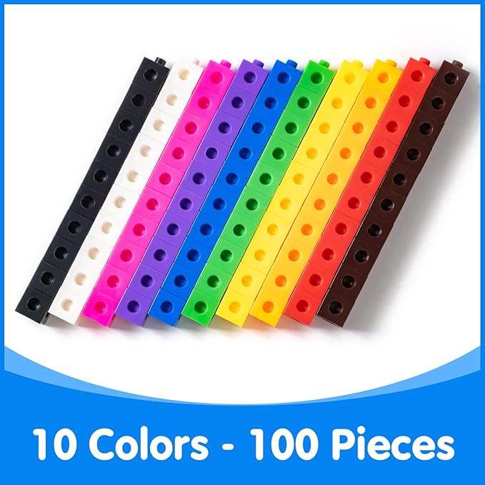 100 Pcs Math Linking Cubes with 384 Cartoon Stickers - STEM Counting Cubes & Math Manipulatives for Kids, Learning Activities for Kindergarten & Elementary School