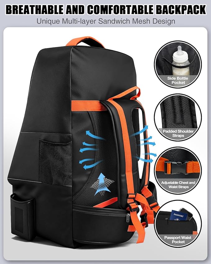 Padded Car Seat Travel Bag for Airplane, Heavy-Duty & Waterproof Car Seat Backpack for Air Travel, Fits Most Baby Car Seats, Boosters & Carriers with Airtag Compatible - Black