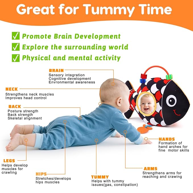 Baby Sensory Tummy Time Toys 0-6 Months Music Fish Toy for Infant 3 4 5 6 Month Old Black and White High Contrast Newborn Toys with Mirror Crinkle Rattle for 3-6 6-12 Months Baby Boy Girl Shower Gifts