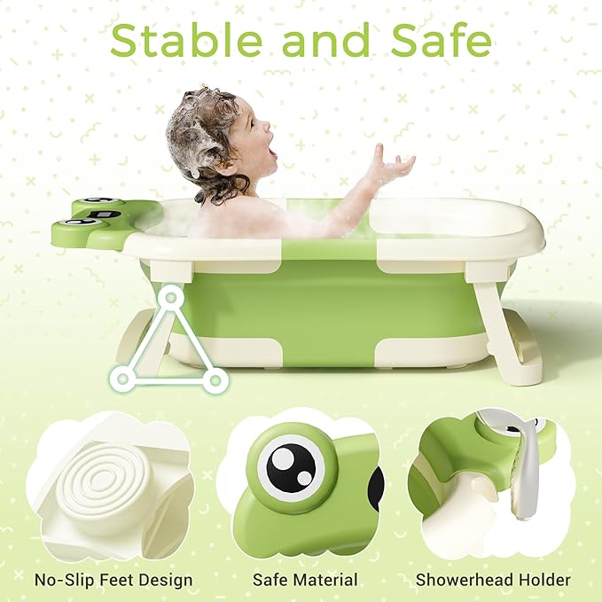 BUNWAG Baby Bathtub, Collapsible Newborn Bathtub for Infant to Toddler with Soft Cushion and Thermometer,Portable Travel Newborn Tub with No-Slip Feet, Baby Shower Gifts, 0-12 Months Baby Bath, Green