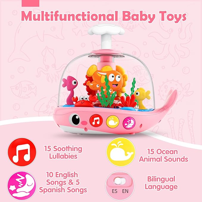 DUPHLAGT Baby Girl Toys 6-12 Months - Press & Spin Aquarium Light Up Musical Toy for Infant Toy 9-12-18 Months - Bilingual Learning Toddler Toys for 1 2 3 Year Old Boy Girl (Pink)