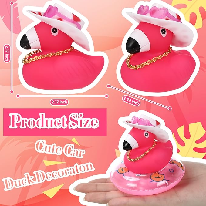 Sotiff Rubber Flamingo Pink Flamingo Rubber Ducks Squeaky Mini Ducks with Mini Hats Swim Ring Gold Chain and Sunglasses for Car Decor Summer Birthday Swimming Party Gift Favor