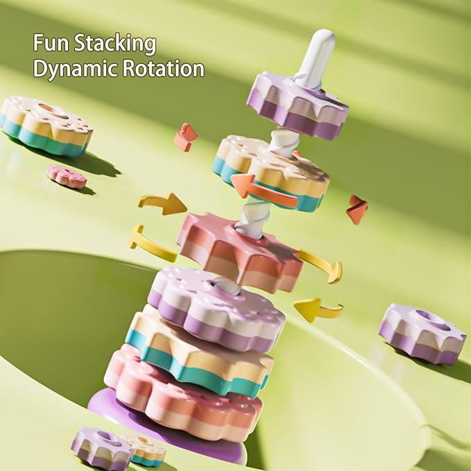 Stacking Toys for Toddlers 1-3,Montessor Spinning Stacker Toy,Ring Stacker Toys,Sit and Spin Sensory & Autism Fine Motor Skills for Babies 6-12 Months, 16-Inch，Rotating Tower Toy