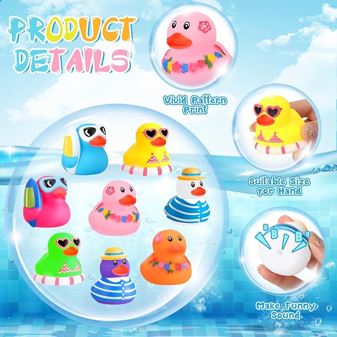 Honoson 24 Pcs Summer Beach Rubber Duckies Bulk Mini Rubber Duck Bath Toys Float Bathtub Ducky Cute Squeaky Ducky for Classroom Carnival Summer Birthday Baby Shower Party Favor (8 Colors)