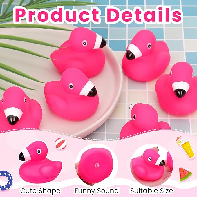 12 PCS Flamingo Rubber Ducks, Pink Cute Flamingo Duck, Floating Squeaky Bath Toys for Baby Shower Birthday Party Favors, Mini Rubber Ducks for Cake Decoration Classroom Prizes