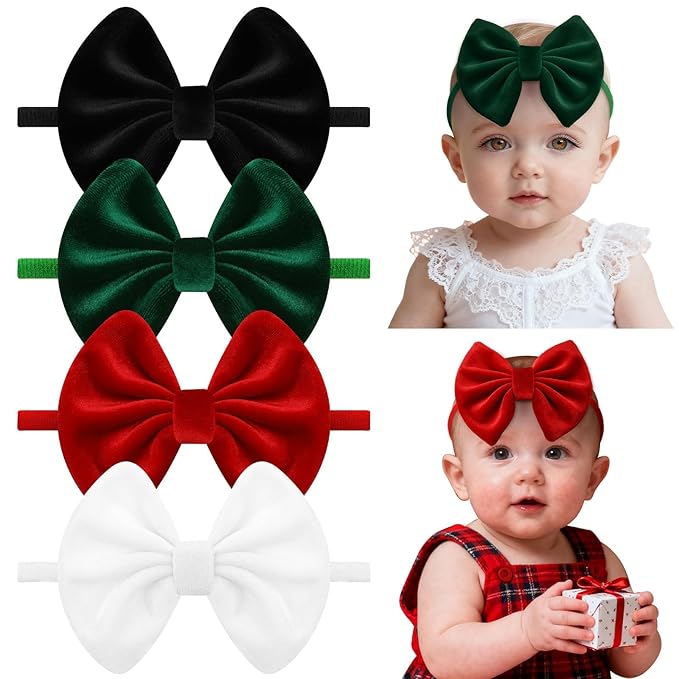 4 Pcs Velvet Baby Bow Headbands, Christmas Newborn Headband Bows Nylon Handmade Hair Accessories for Baby Infants Toddlers Child