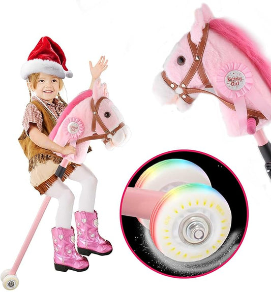 Stick Horse, Hobby on a Stick for Children Ages 4-12 Adjustable 30-51" Length with Illuminated Silent Wheels Comfortable Sponge Wrapped complimentary Battery Realistic Horse neighs.