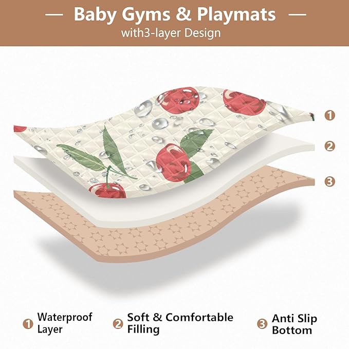 Cherry Painting Baby Play Mat for Floor, 50x50 inch Playpen Mat,Thicken Soft Non-Slip Tummy Time Mat for Toddlers and Infants