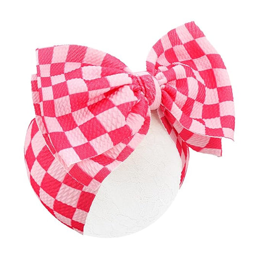 YanJie 7’’ Hot Pink Checkered Bow for Baby Girl Racing Bows Plaid Headbands for Newborns Infants Toddlers Two Fast Birthday Girls Hair Accessories