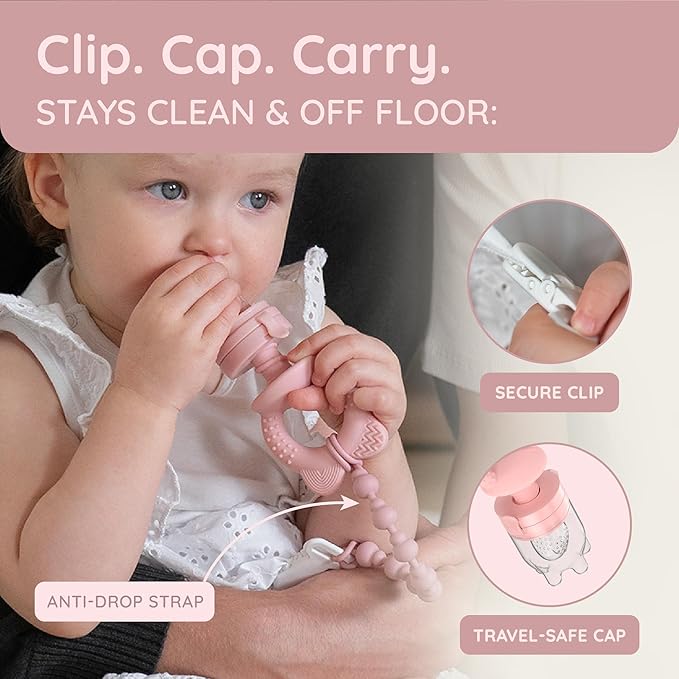 Baby Fruit Feeder & Popsicle Molds Set – Baby Food Feeder Nibbler, Breastmilk Popsicle Molds, Grip Handle, Safety Strap & Cleaning Brush – Feeding Essentials 6–12 Months (Pink)