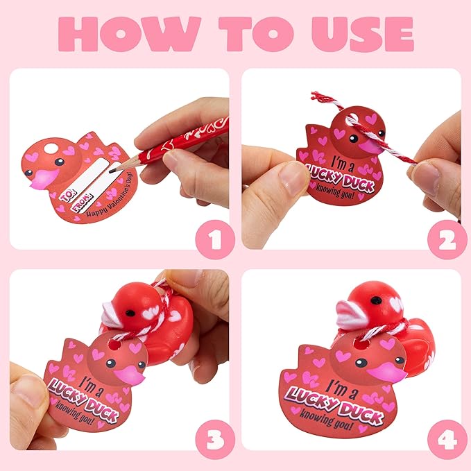 JOYIN 36 Pcs Valentine's Day Mini Rubber Duck With Gift Cards, 1.1 Inches Small Duckies With Card Tags, Bath Toys for Classroom Exchange Prizes, Party Favors