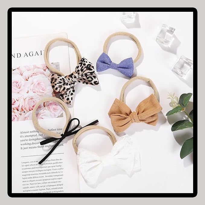 14 Pcs Baby Girl Headband Bows Soft Nylon Hairbands With Hair Bows Elastics Linen Handmade Toddler Hair Accessories For Girls Newborns Infants And Kids. (Flower Bows, Mid)