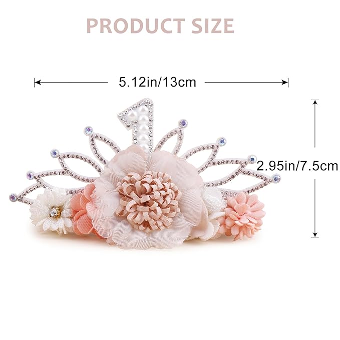 cherrboll Flower Headband Birthday Crown for Girl, Floral Nylon Hairband for 1-3 Years Old Toddler, First 1st Birthday Party Dress Photo Decoration Hair Accessory