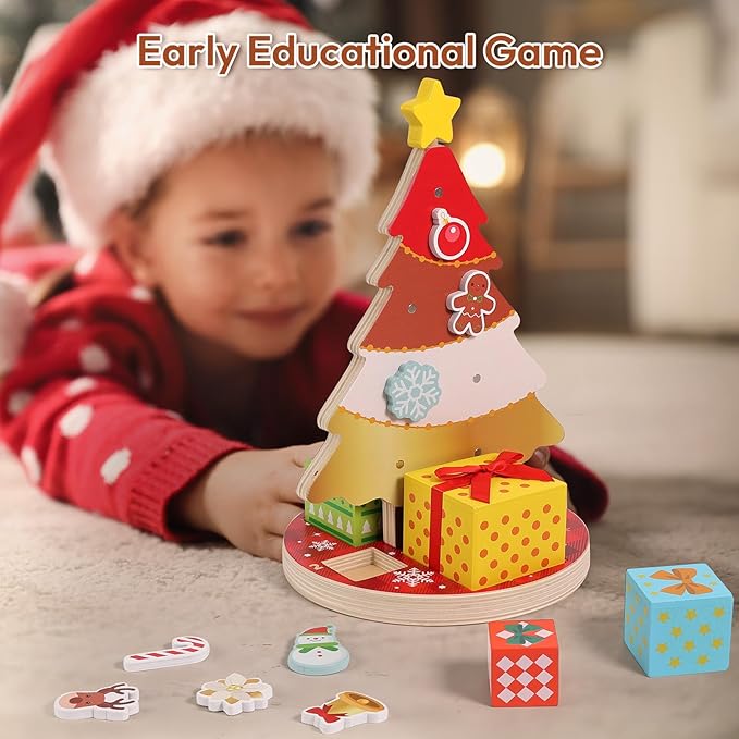 Woodtoe Magnetic Christmas Tree Toy for Toddlers, Montessori Toys for 3 4 5 6 Year Old, Wooden Color Sorting & Stacking Toys, Fine Motor Skills Sensory Toys, Christmas Decorations STEM Gifts for Kids