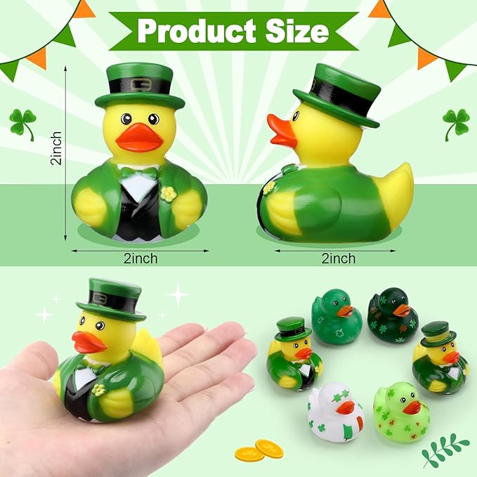 Jerify 120 Pcs St. Patrick's Day Rubber Ducks 6 Styles Shamrock Ducks for Bath Pool Birthday Irish St. Patrick's Day Gifts for Party Favors Accessories Holiday