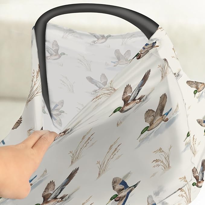 Wild Ducks Mallards Baby Car Seat Covers Vintage Duck Hunting Stretchy 5-in-1 Cover Adjustable Car Canopy Breastfeeding Cover Retro Duck Leaves Pond Breathable Nursing Cover-Up