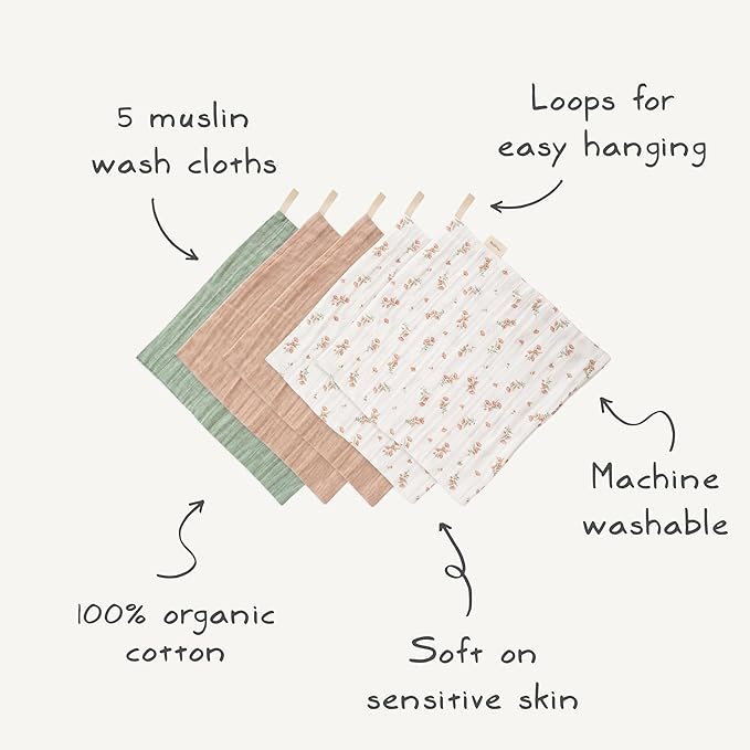 mushie Muslin Organic Cotton Washcloths 5-Pack (Retro Flowers Combo) | Soft Wipes for Baby Cleanups and Bathing
