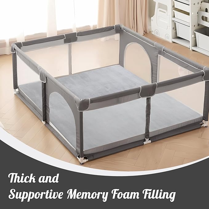HOMBYS Thick Play Mat for Playpen 84x60, Supportive 0.8" Memory Foam Baby Play Carpet Mat with Non-Slip Backing for Kids Toddler Crawling and Play, Super Soft Velvet Playmat for Nusery, Grey
