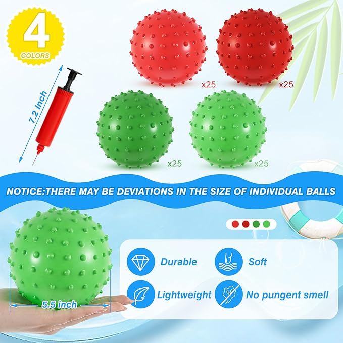 Junkin 100 Pack Knobby Balls Bulk 5.5" Soft Bouncy Ball Bulk for Toddlers Sensory Toy with Air Pump Plastic Inflatable Spiky Massage Stress Fidget Toy for Playground School Party Play